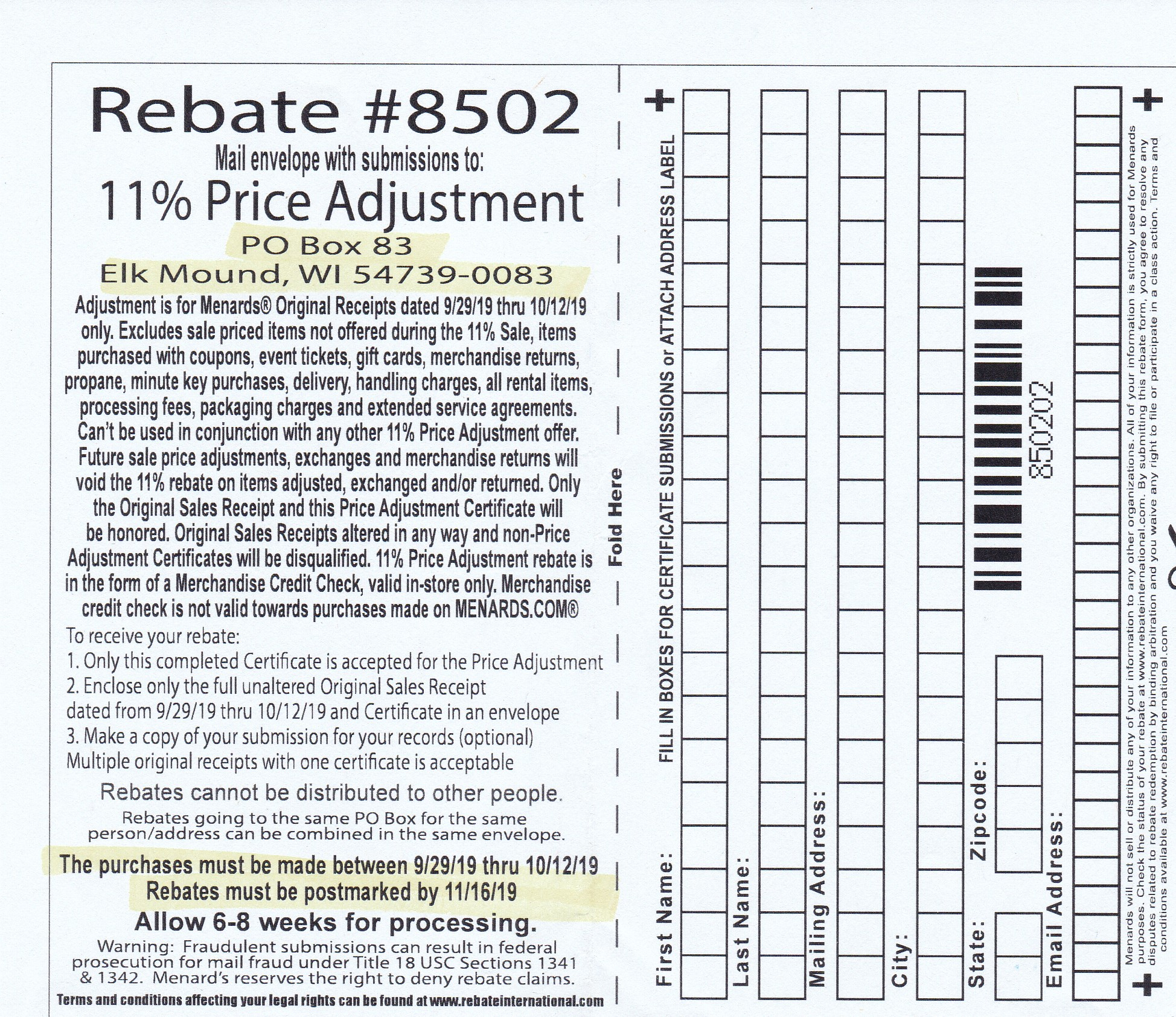 Home Depot Menards 11 Rebate Form